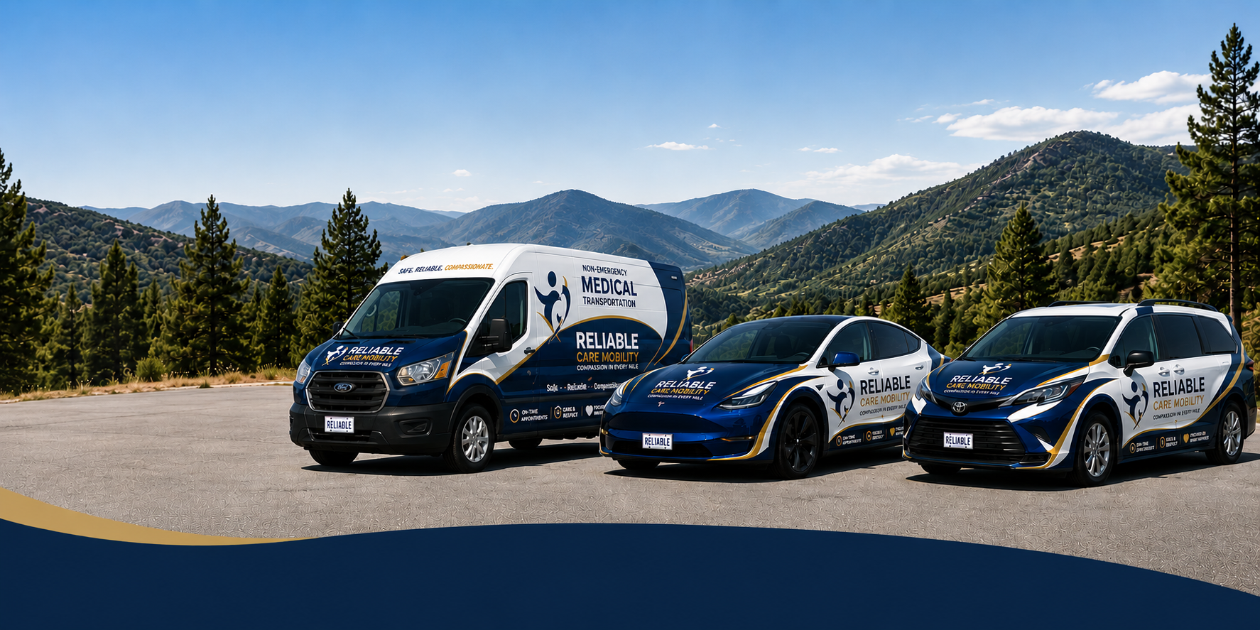 Reliable Care Mobility fleet - Ford Transit van, Tesla Model Y, and Toyota Sienna