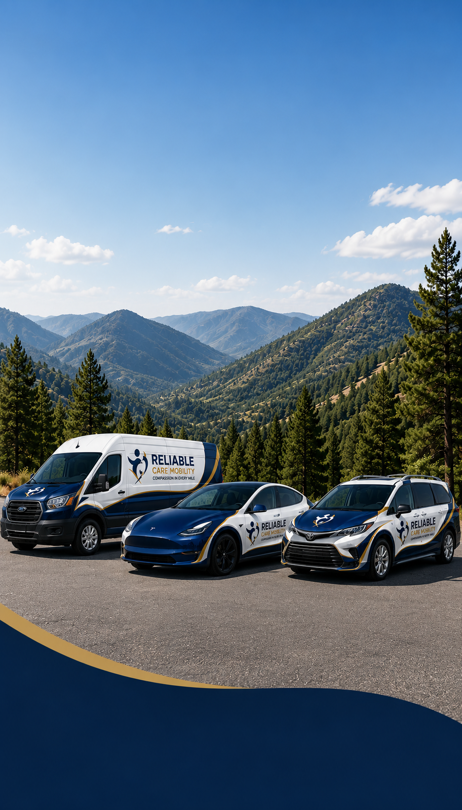 Reliable Care Mobility fleet - Ford Transit van, Tesla Model Y, and Toyota Sienna